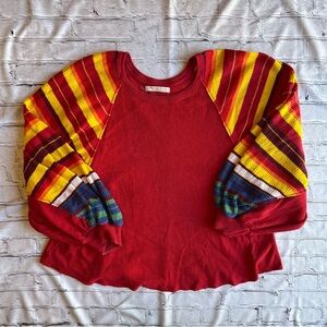 We The Free Rainbow Dreams Pullover Knit Top Red Large Oversized Long Sleeve